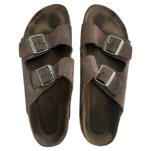 Birkenstock Taupe Suede Sandals with Metallic Buckles